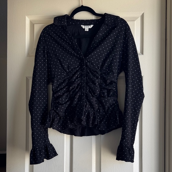 Maeve Black Polka Dot Ruched Peplum Blouse with Ruffle Cuffs - Picture 2 of 5